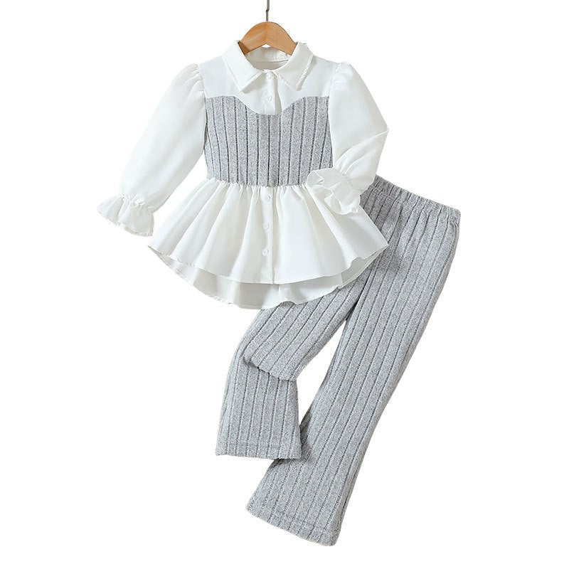 Autumnew arrivalkidsshirtvest lacetwo-piece setfashiontweed stylepantsgirllong sleevesk-stylesuit