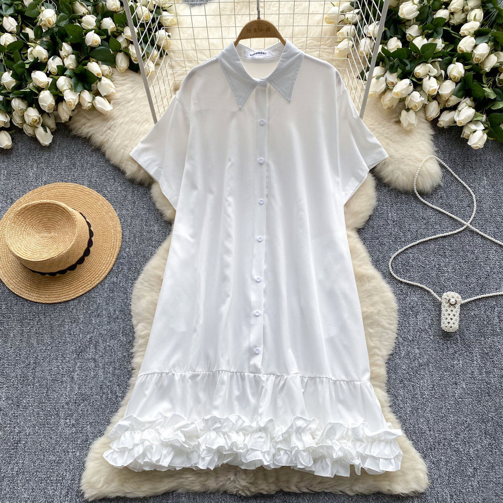 European and american style women's summer dress - unique design, loose fit, slimming, short sleeve, single-breasted, ruffle hem shirt dress