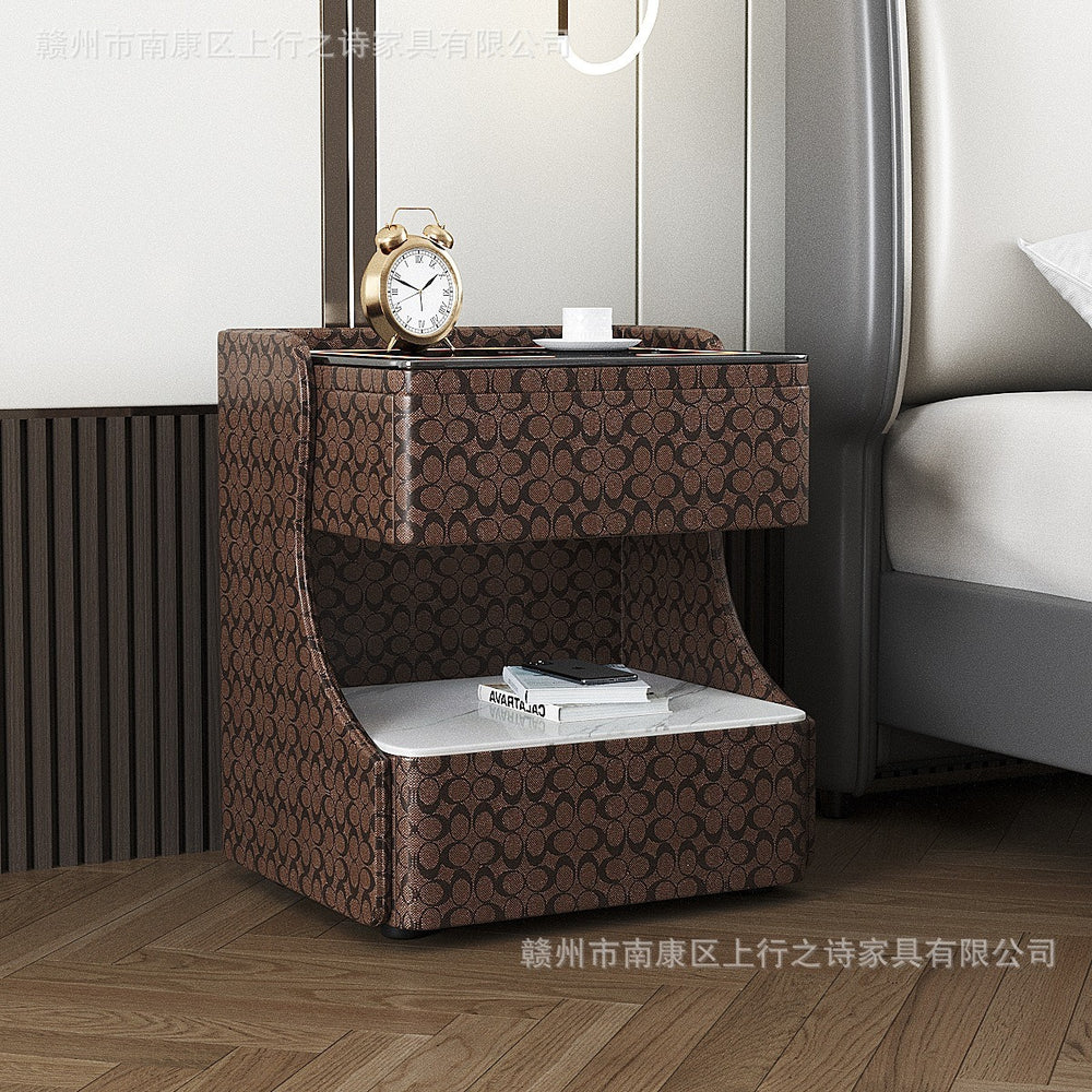 Italian smart bedside table minimalist modern leather bedroom wireless charging popular minimalist storage cabinet high-end rock slab