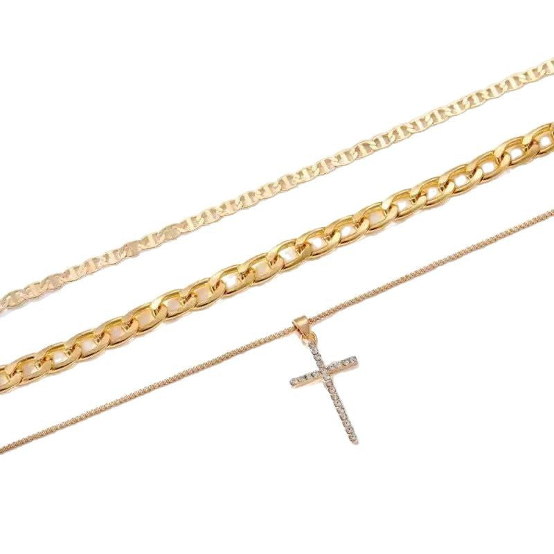 Fashion cross-border hot-selling multi-layered necklace stylish full diamond multi-layered cross pendant necklace clavicle chain