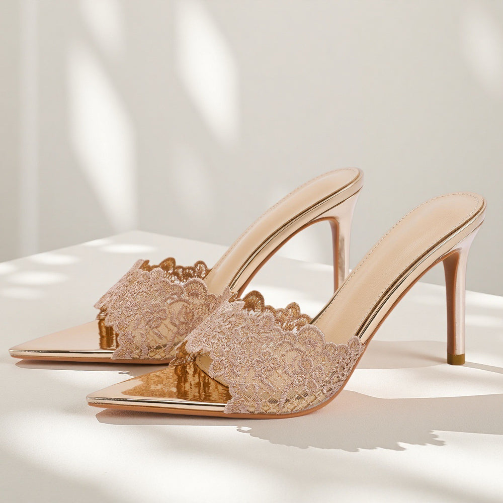 Yx pointed-toe high heels women's 2026 summer new collection champagne gold embroidered stiletto heels single shoes summer slippers for outdoor wear