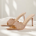 Yx pointed-toe high heels women's 2026 summer new collection champagne gold embroidered stiletto heels single shoes summer slippers for outdoor wear