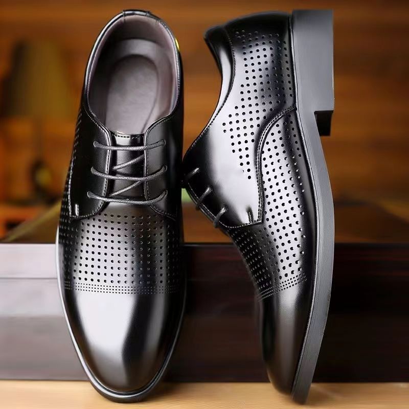 Men's leather dress shoes - summer business casual, genuine leather, british style, black, soft sole, perforated, breathable, and lightweight