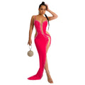 C6039   fashion women's solid color rhinestone hotfix long dress v-neck sleeveless spaghetti strap dress