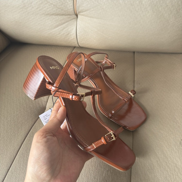 Spanish one-strap buckle 2025 spring new arrival black fashion european and american casual high heel open toe sandals women's shoes square toe