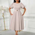 D590 european and american women's clothing  summer fashion puff sleeve elegant high waist solid color round neck large skirt african dress