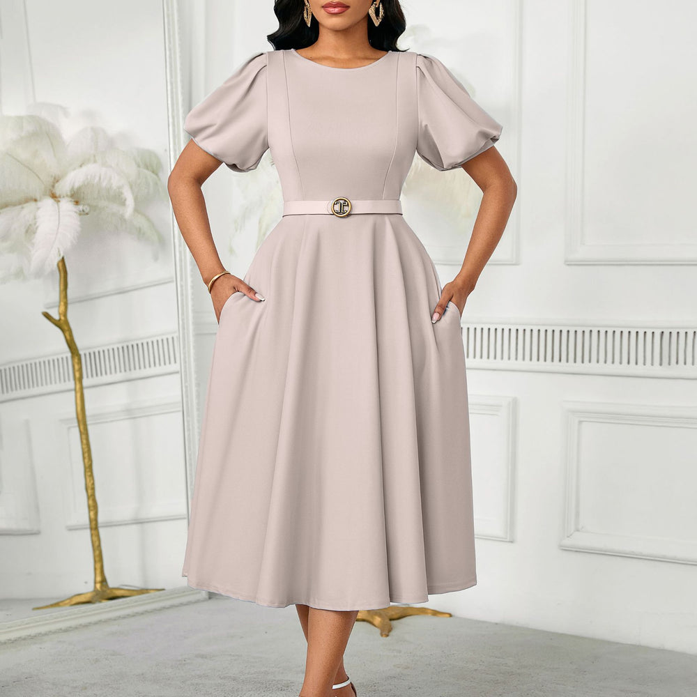 D590  independent station women's clothing  summer new style puff sleeves pure color large skirt foreign trade cross-border dress