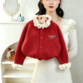 Girls' sweater set -  winter new arrival: stylish ruffle-trimmed thick cardigan sweater and plaid skirt two-piece set
