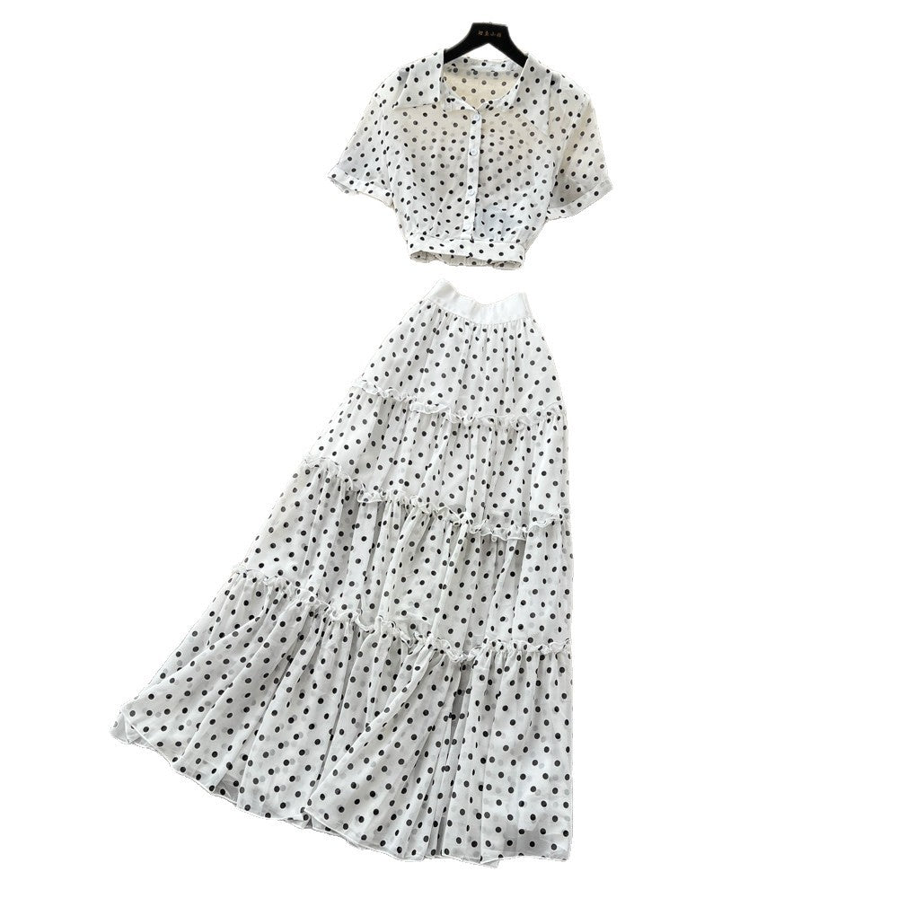 French red polka dot two-piece set - women's spring/autumn high-waisted, slimming, and chic workwear outfit