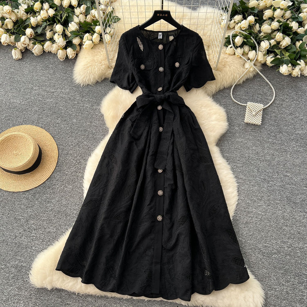 Summer frenchretroheavy industrycut outembroiderround neck waist short sleeve dress women's slimming look single breasted long skirt