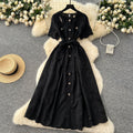 Summer frenchretroheavy industrycut outembroiderround neck waist short sleeve dress women's slimming look single breasted long skirt
