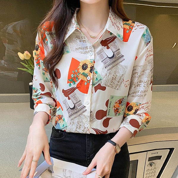 South East Asia   export new versatile long-sleeved bottoming shirt age-reducing temperament floral chiffon blouse