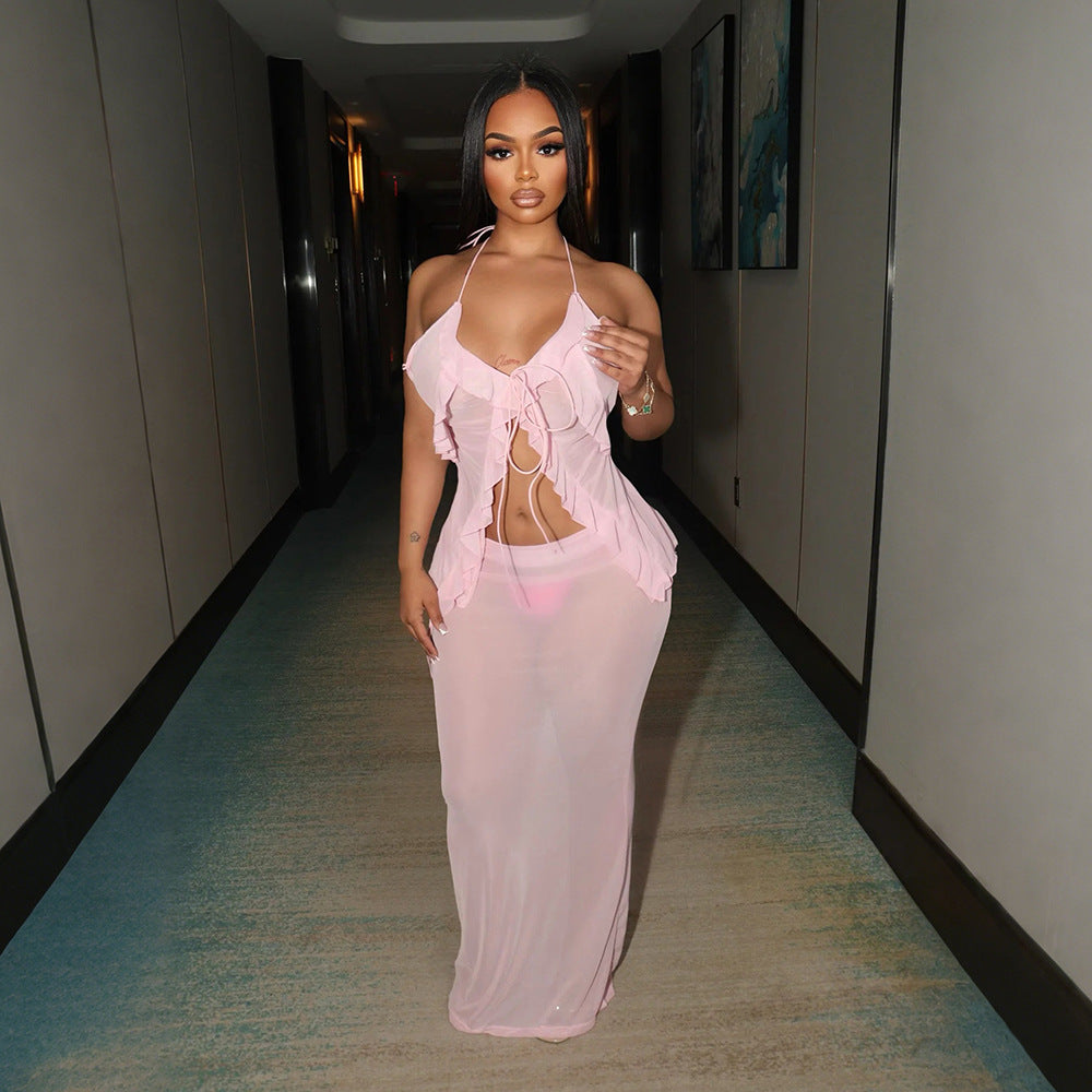 CY901892 European and American sexy perspective suit strappy sleeveless cardigan with fashionable skirt long skirt two-piece set women