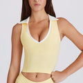 Sleeveless running pilates workout v-neck top vest with padded bra, color block turn-down collar yoga set