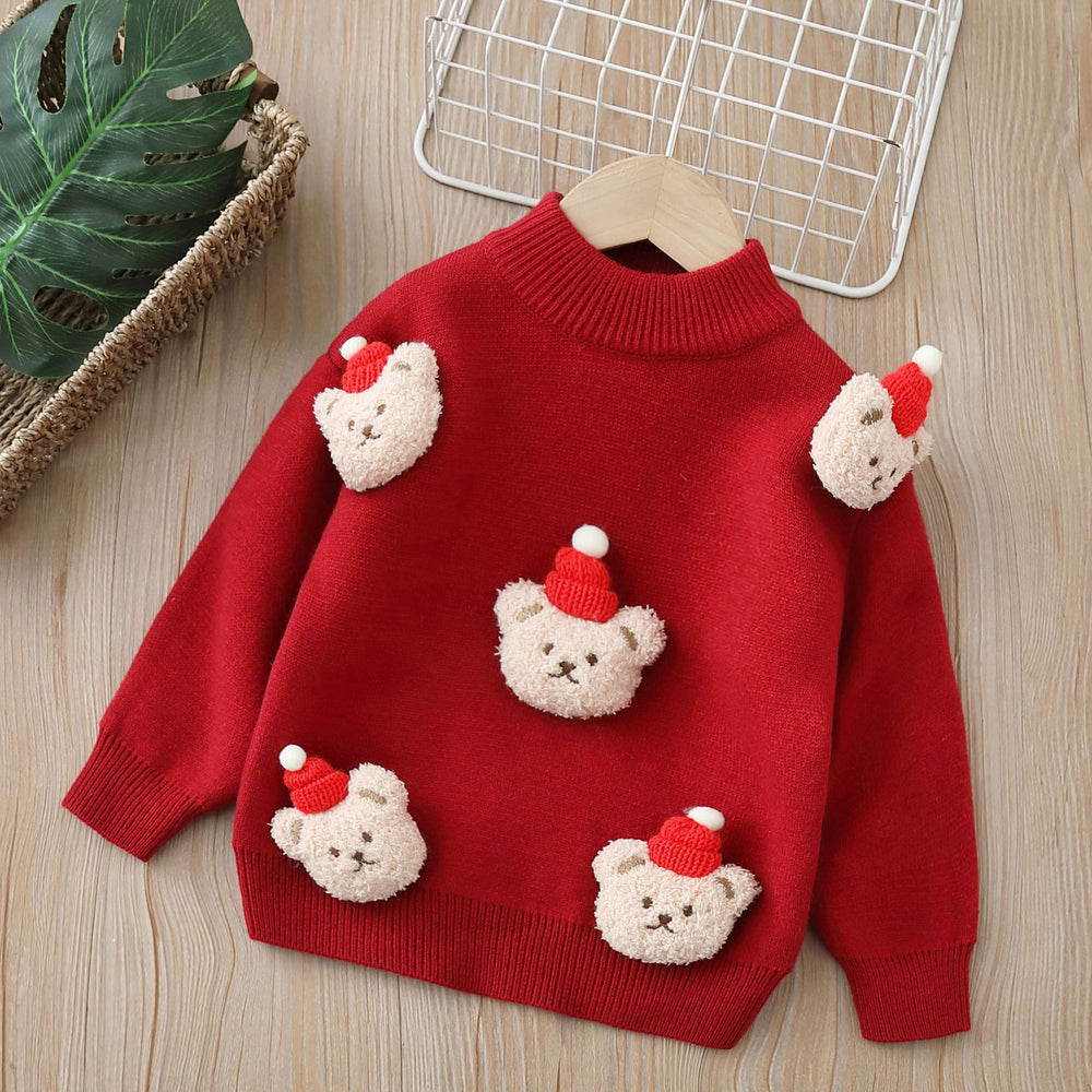 christmas kids' fleece-lined sweater: thickened, hand-knitted cartoon bear base layer for boys and girls