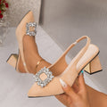 43 cross-border foreign trade pointed toe square buckle rhinestone high heel sandals women's 2026 summer new suede thick heel toe sandals
