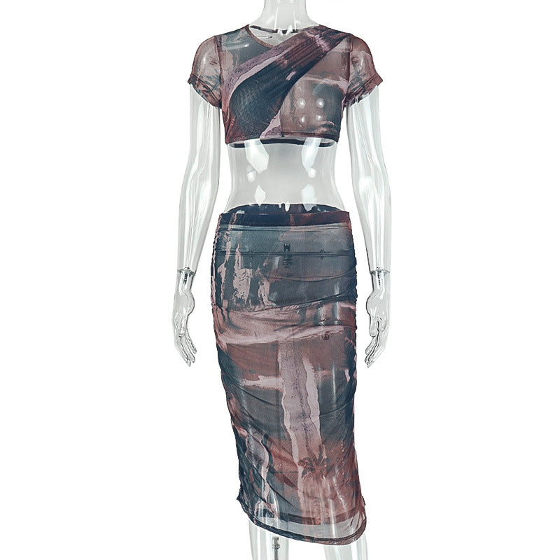Fashion styleexportcasual color matching women's pullover printing round neck skirt suit short-sleeved hip-covering skin-friendly trendy two-piece set