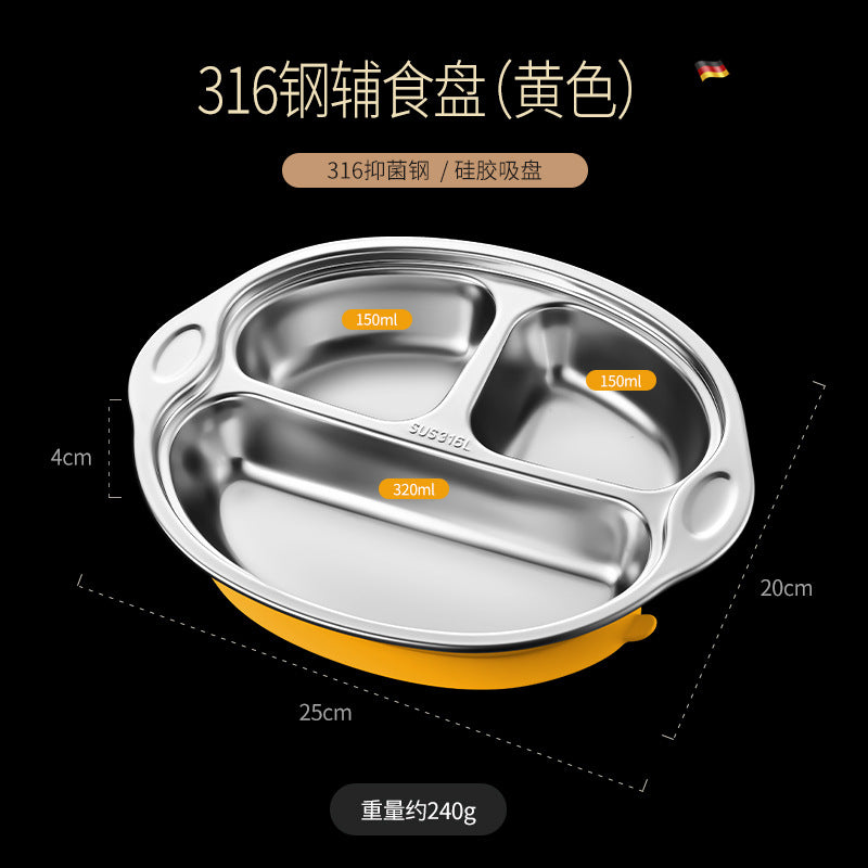 316L stainless steel children's grid dinner plate with non-slip silicone suction cup children's cute baby eating tableware lunch box
