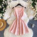 French style sleeveless knitted dress - new summer korean a-line mini dress for women, slimming pink skirt