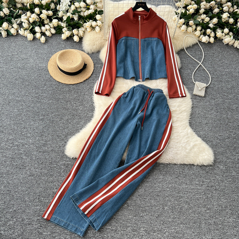 Women's autumn casual outfit: vintage stand collar denim patchwork long sleeve top t-shirt + wide leg straight pants two-piece set