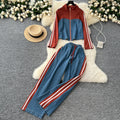 Women's autumn casual outfit: vintage stand collar denim patchwork long sleeve top t-shirt + wide leg straight pants two-piece set