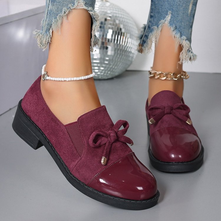 slip-on loafers women's autumn bow chunky heel plus size single shoes 43 red