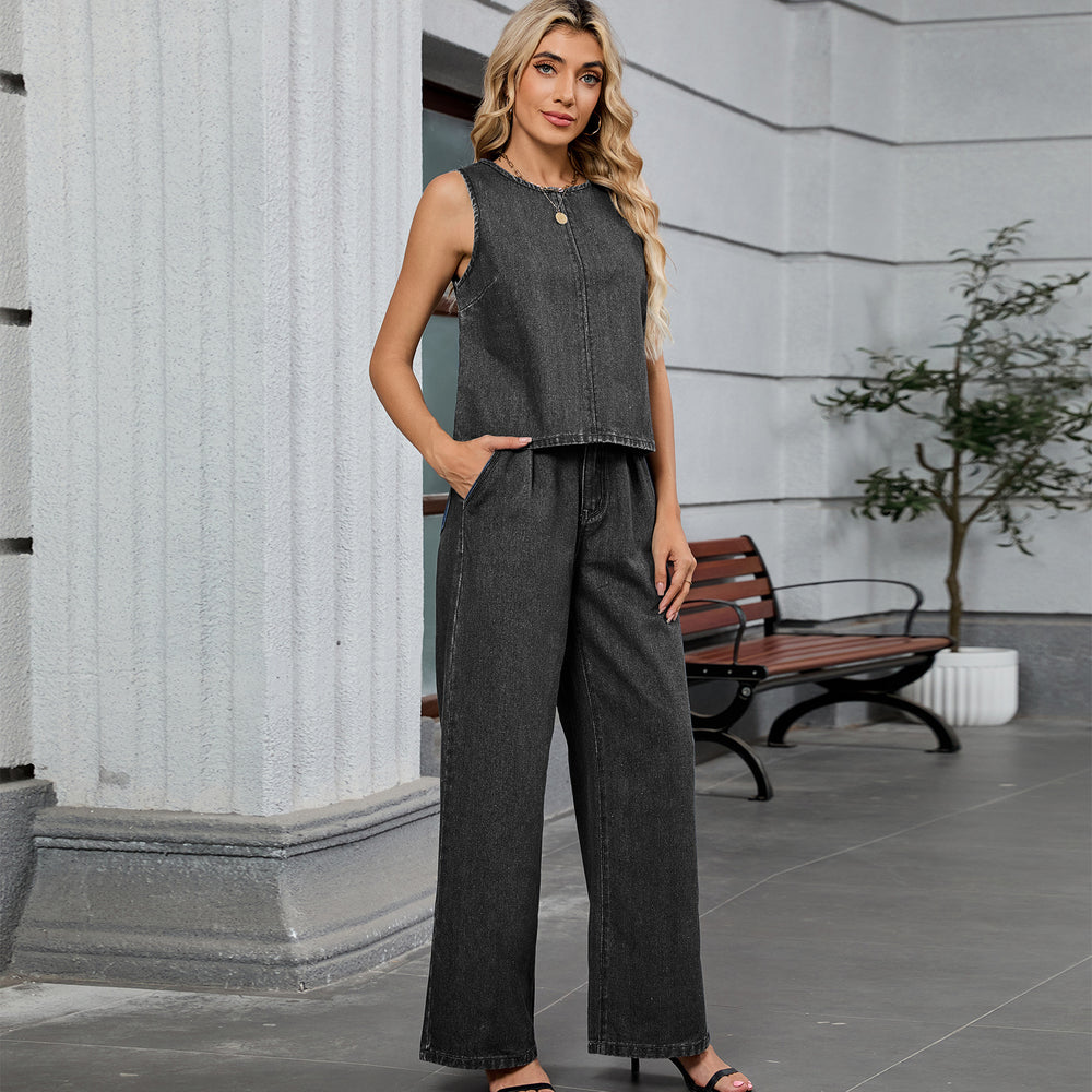 European and american cross-border e-commerce women's autumn new arrivals:  independent store washed solid color denim top and pants set