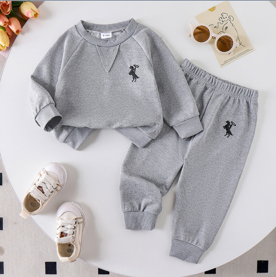 Amazon cross-border european and american girls' outfit: solid color knitted ribbed long-sleeve sweatshirt and sweatpants two-piece set for toddlers and young children