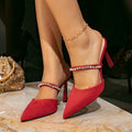 Women's red stiletto heel sandals - fashionable buckle detail, rhinestone embellishments, pointed toe, sexy and minimalist high heel sandals