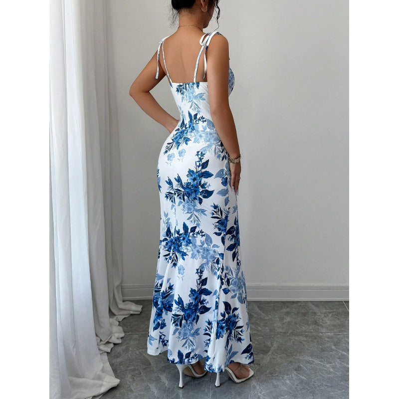 Women's printed spaghetti strap maxi dress with cinched waist and slit – elegant spring/summer outfit for evening events and vacations