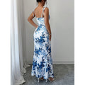 Women's printed spaghetti strap maxi dress with cinched waist and slit – elegant spring/summer outfit for evening events and vacations