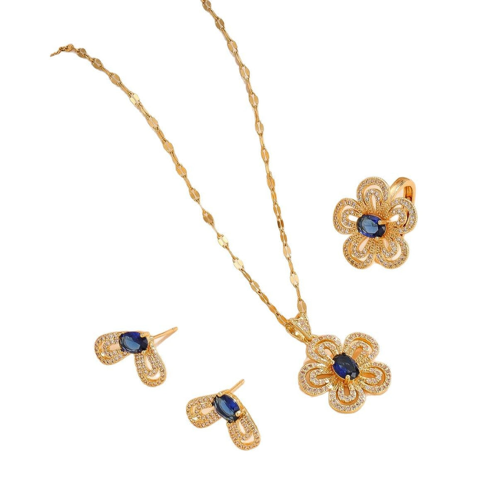 Women's jewelry set: sea blue gemstone flower necklace, earrings, and ring set - minimalist, stylish, and luxurious titanium steel pendant