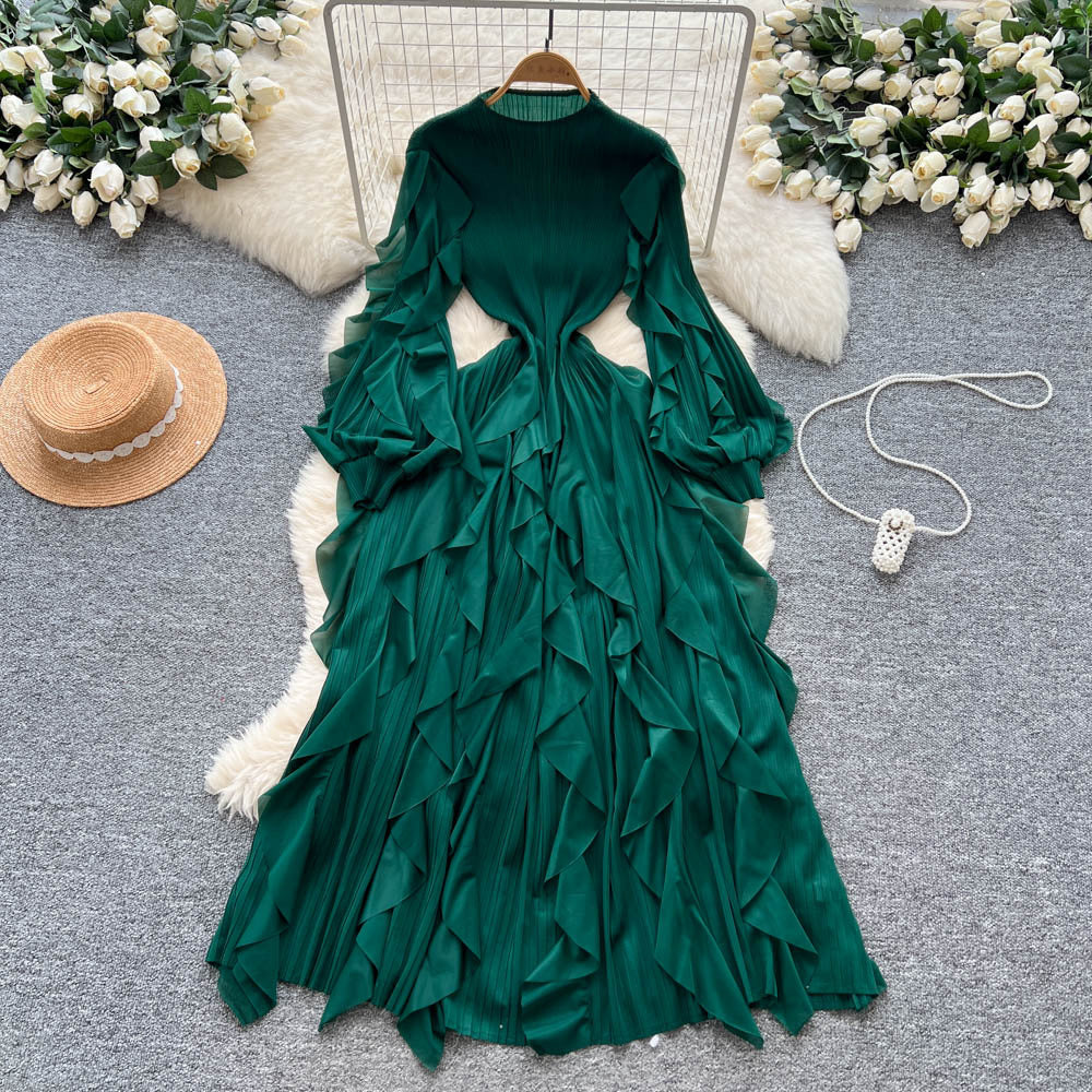 Miya european and american dress women's  autumn high-end slimming waist ruffle lantern sleeve pleated maxi dress
