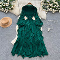 Miya european and american dress women's  autumn high-end slimming waist ruffle lantern sleeve pleated maxi dress