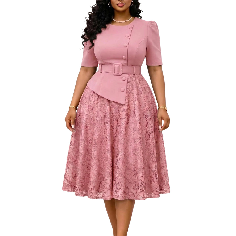 D637 european and american style women's clothing  summer new fashionable socialite lace patchwork high-waisted plus size faux two-piece dress