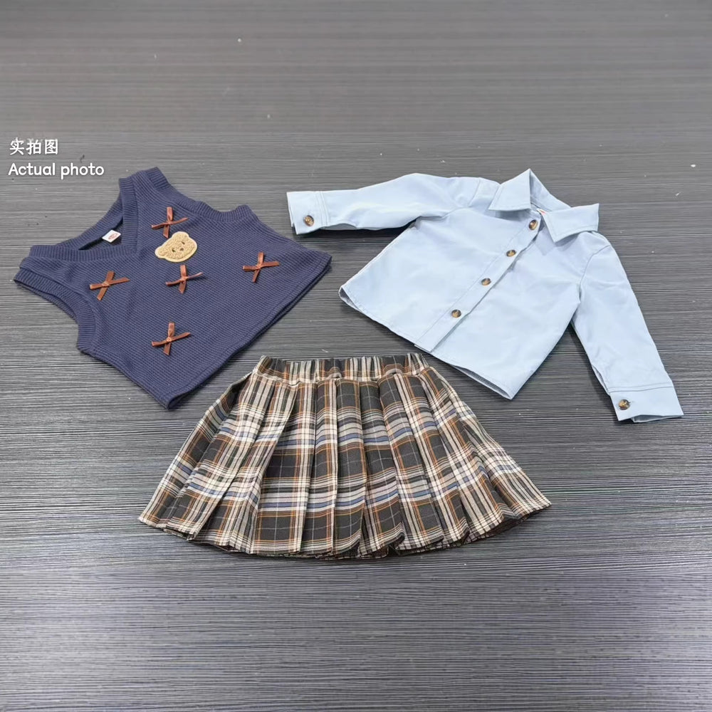 autumn newborn & toddler preppy style shirt, knit vest, and pleated plaid skirt three-piece set