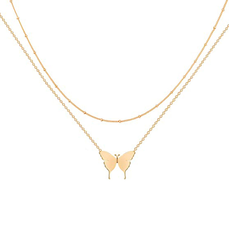 Amazon new jewelry butterfly pendant double layer rice beads butterfly necklace casual daily butterfly necklace