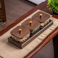 3-compartment glass dish set with gold-edged hammered texture, walnut wood tray, and lid