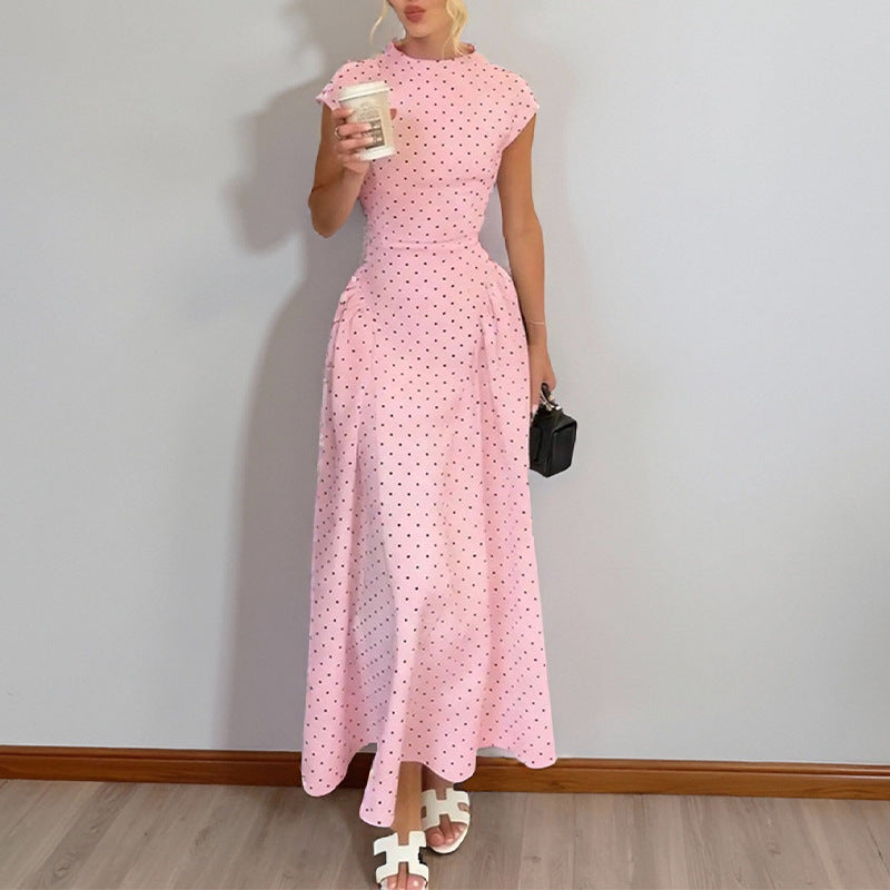 cross-border e-commerce european and american women's clothing: new summer collection - french polka dot round neck, slim-fit, a-line maxi dress