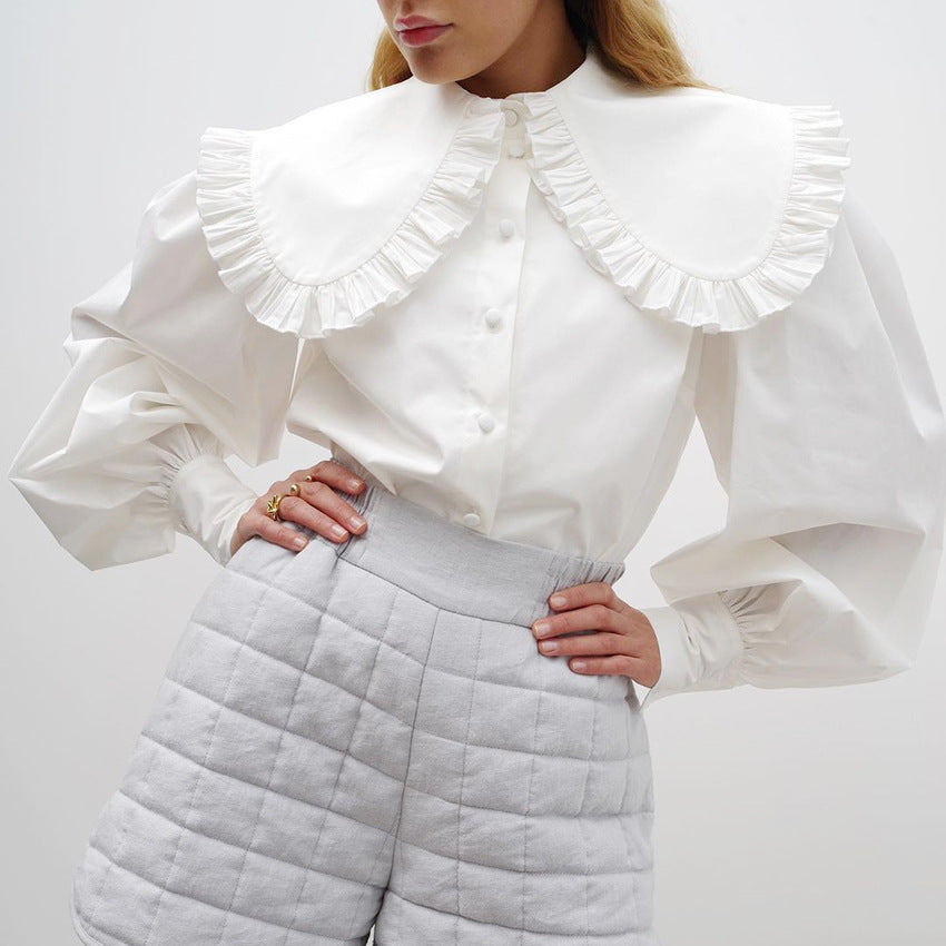 European and American fashion sweet white doll collar shirt 2024 design loose women's pure cotton cardigan long-sleeved top