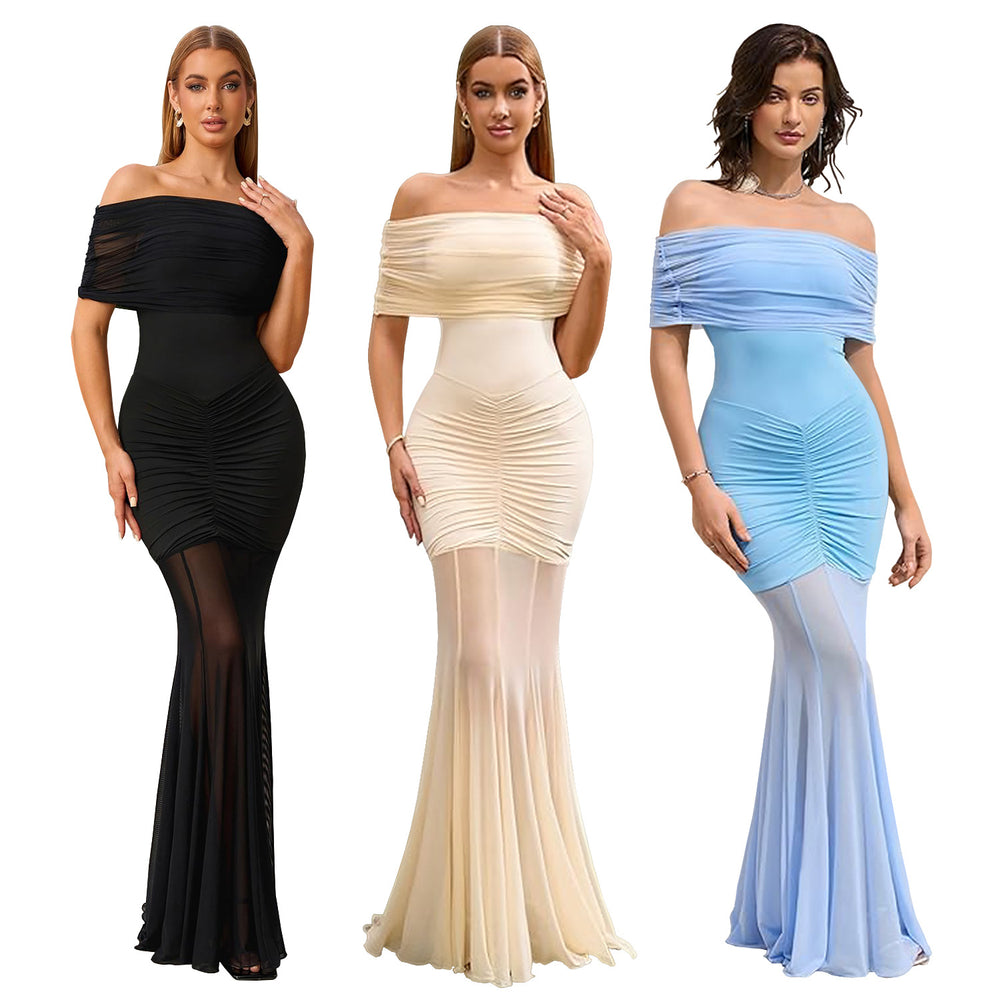 C7507 cross-border   fashion women's sexy off-the-shoulder mesh vacation dress