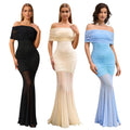 C7507 cross-border   fashion women's sexy off-the-shoulder mesh vacation dress
