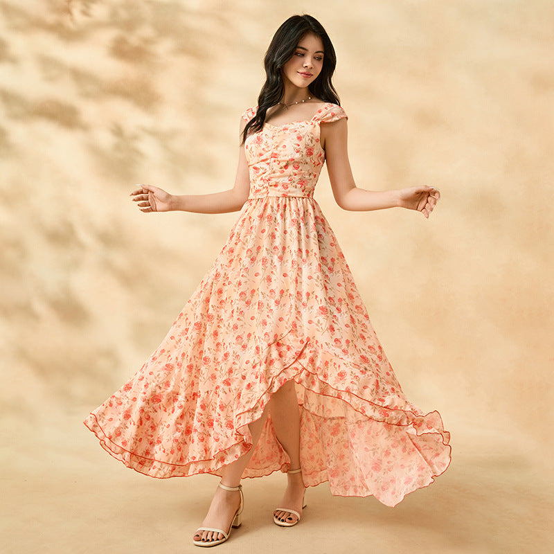 European and american cross-border youth summer new fashion asymmetrical neck irregular dress vacation style floral maxi dress women's clothing