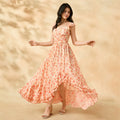 European and american cross-border youth summer new fashion asymmetrical neck irregular dress vacation style floral maxi dress women's clothing