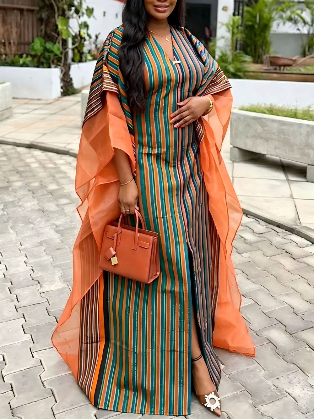 African ethnic striped dress - loose sleeve v-neck drawstring patchwork design bubu robe dress