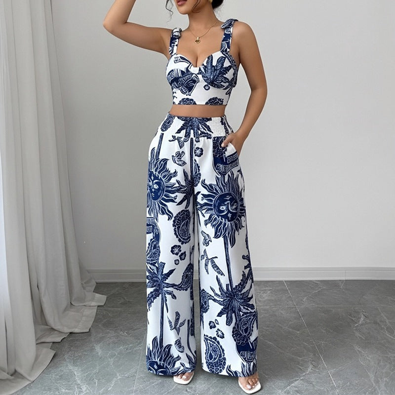 summer new women's clothing: cross-border european & american style casual vacation outfit - botanical print tank top & wide-leg pants set