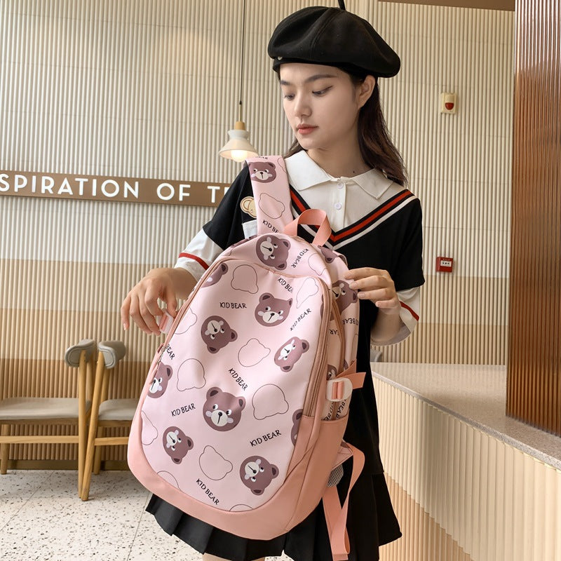 New Bear School Bag Female Junior High School Student High School Student Backpack Versatile Large Capacity High Value Burden Reduction Backpack