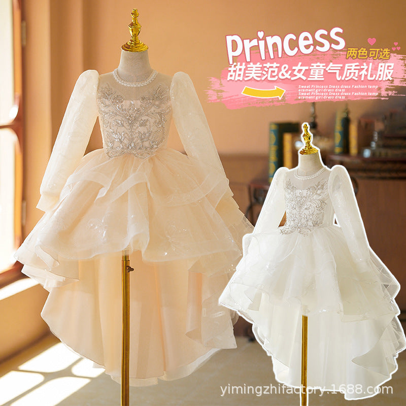 Girls' train dress new arrivallong sleevesspring & fallkids princess dress evening dress birthday style 3-12 years old skirt