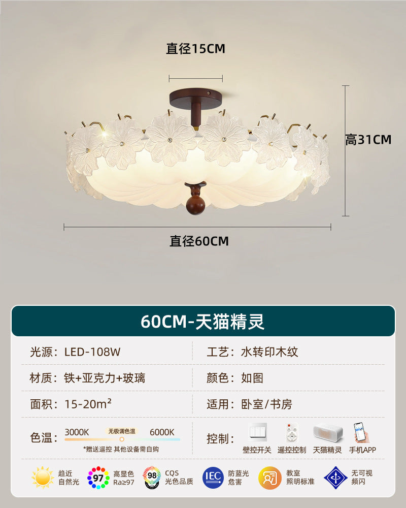 French retro embossed glass flower round ceiling light - walnut wood, soft light, cream style - perfect for kids' rooms and bedrooms