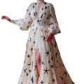 2025 new arrival: multi-color, ready-to-ship, semi-high neck, sequin-embellished, slit, lantern sleeve, maxi chiffon dress